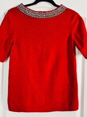 Talbots Red Cotton Modal Jeweled Sweater Small Rhinestone Neck Knit Top